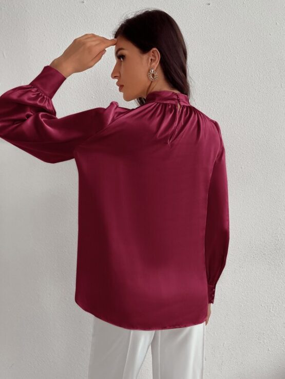 Satin Mock Neck Puff Sleeve Blouse - Image 14