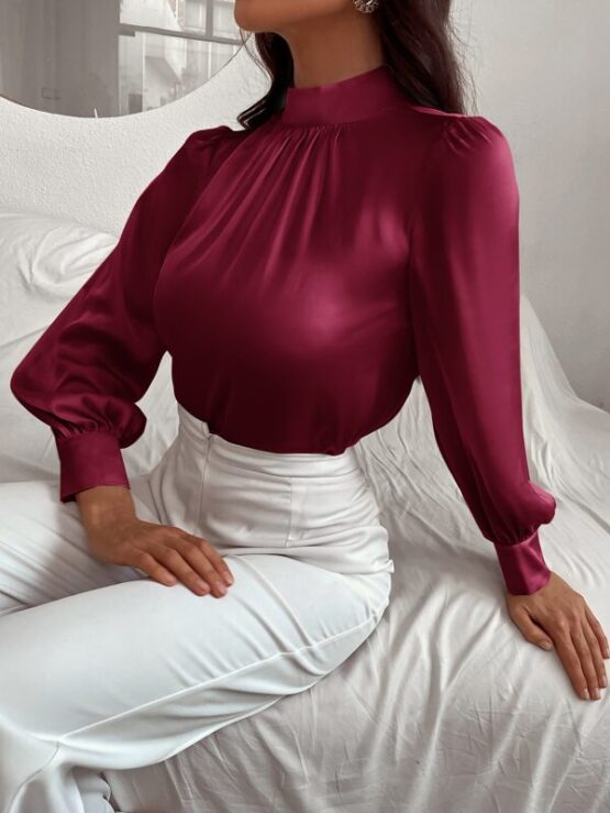 Satin Mock Neck Puff Sleeve Blouse - Image 15