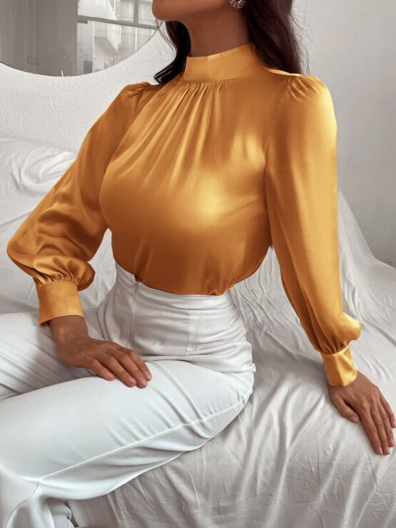Satin Mock Neck Puff Sleeve Blouse - Image 17