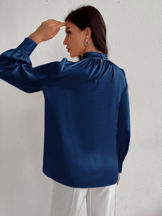 Satin Mock Neck Puff Sleeve Blouse - Image 11