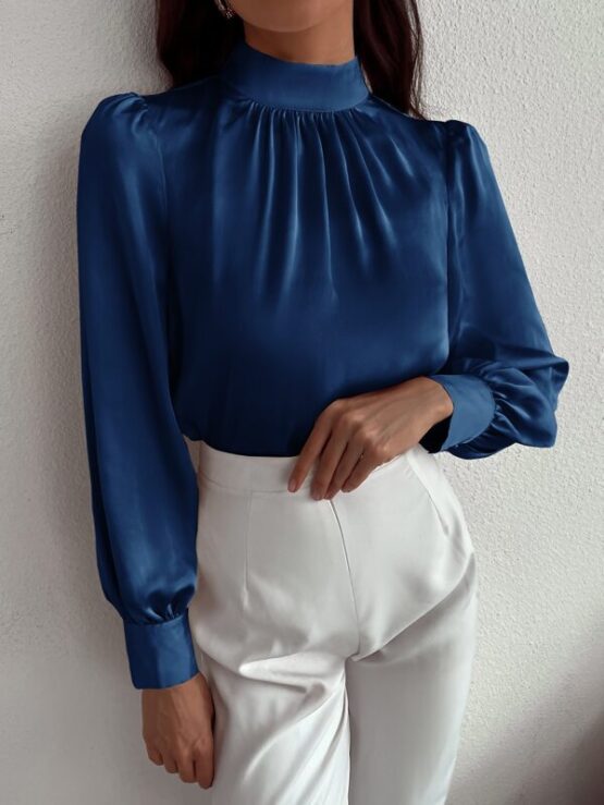 Satin Mock Neck Puff Sleeve Blouse - Image 12