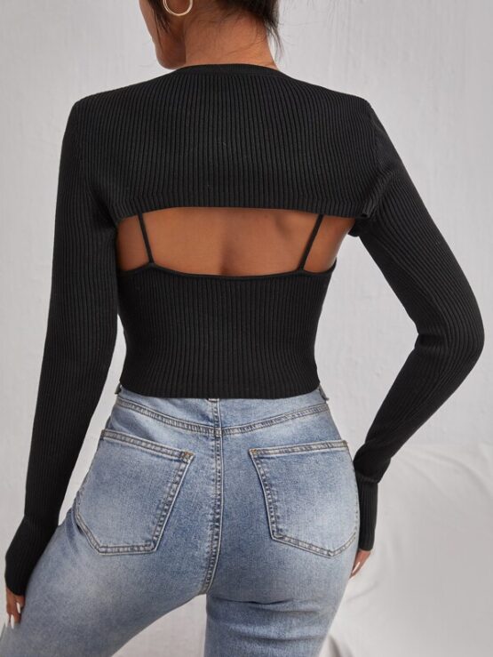 Solid Rib-knit Super Crop Top With Camisole - Image 2