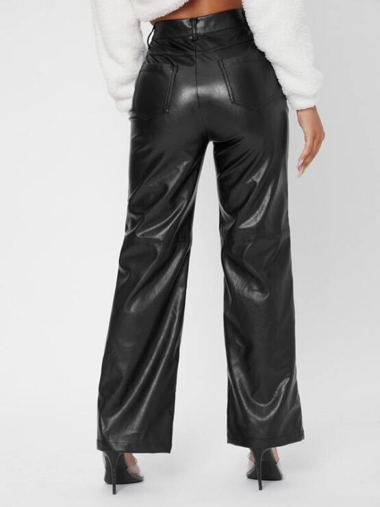 Solid High Waist Straight Leg PU Leather Pants - Image 3