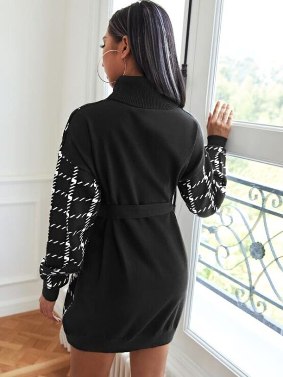 High Neck Plaid Pattern Belted Sweater Dress - Image 3