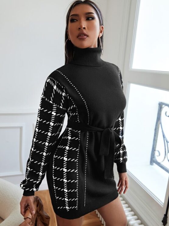High Neck Plaid Pattern Belted Sweater Dress - Image 2