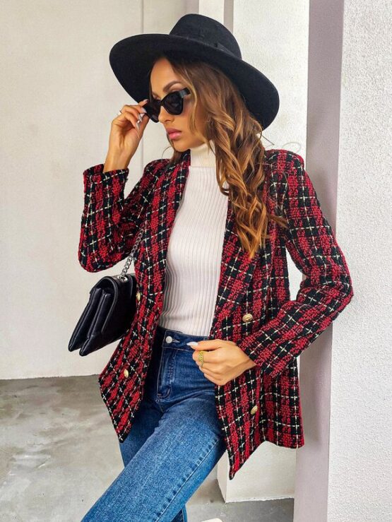 Plaid Double Breasted Shawl Collar Overcoat - Image 3