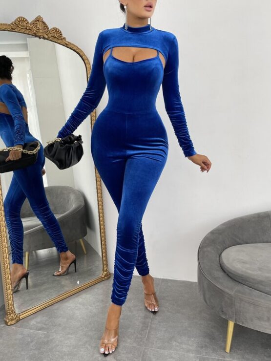 Super Crop Stand Collar Velvet Top & Ruched Detail Cami Jumpsuit - Image 2