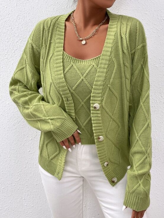 Argyle Knit Drop Shoulder Button Up Cardigan & Cami Knit Top - Image 9