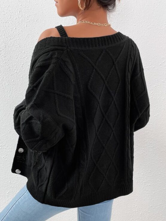 Argyle Knit Drop Shoulder Button Up Cardigan & Cami Knit Top - Image 2