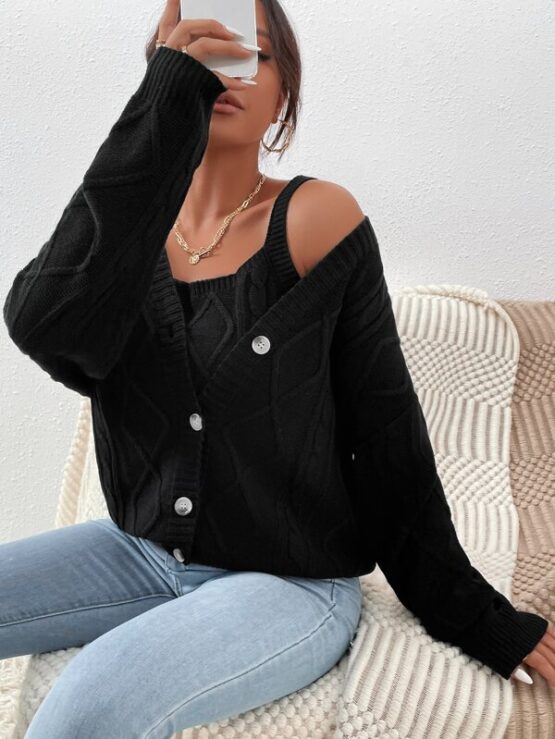 Argyle Knit Drop Shoulder Button Up Cardigan & Cami Knit Top - Image 3