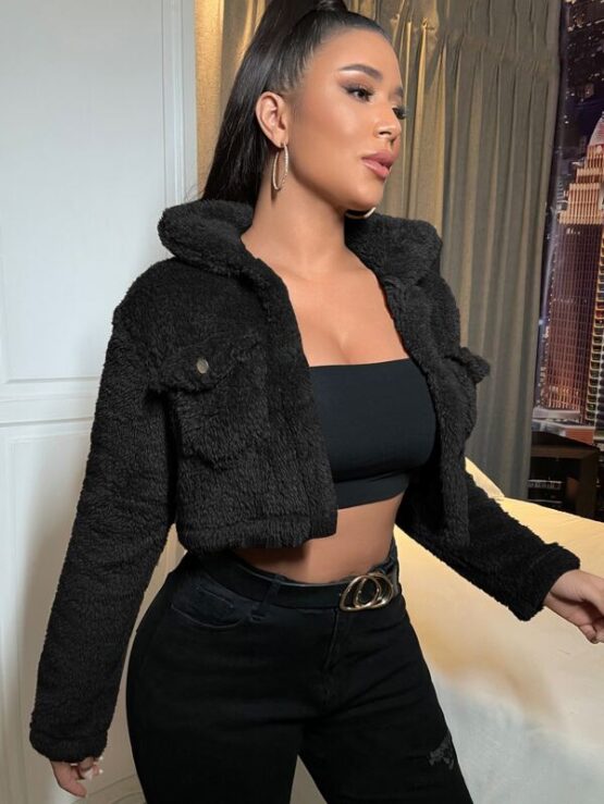 Flap Pocket Teddy Crop Jacket - Image 6