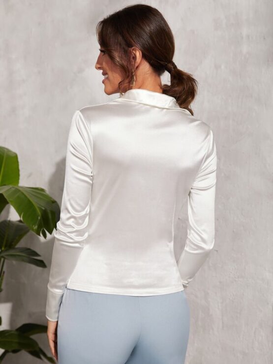 Button Front Ruched Satin Blouse - Image 5
