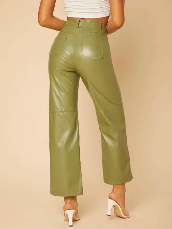 Solid High Waist Straight Leg PU Leather Pants - Image 6