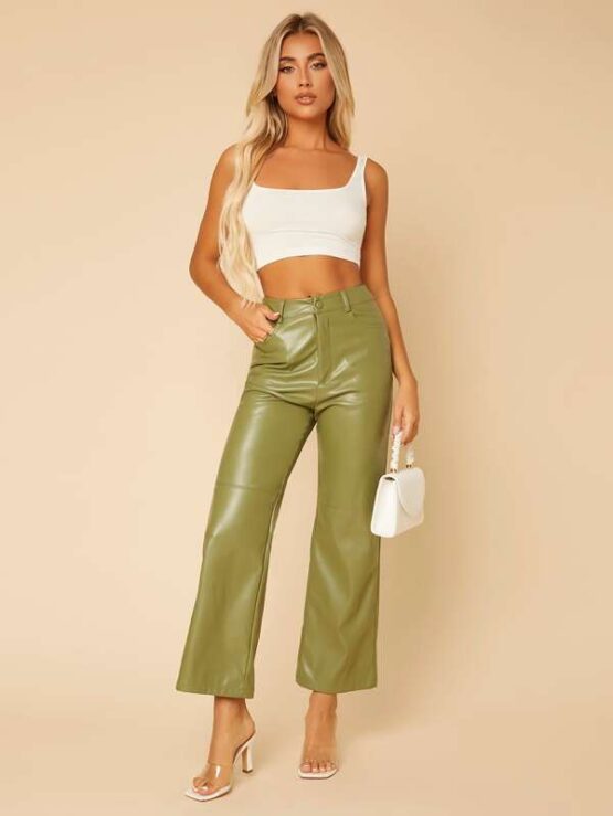 Solid High Waist Straight Leg PU Leather Pants - Image 5