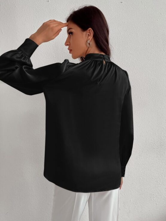 Satin Mock Neck Puff Sleeve Blouse - Image 5