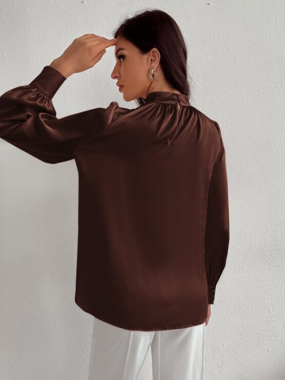 Satin Mock Neck Puff Sleeve Blouse - Image 8