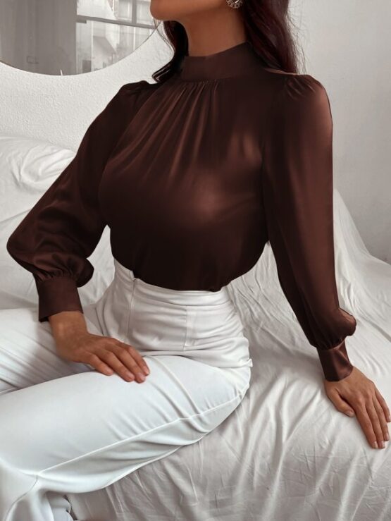 Satin Mock Neck Puff Sleeve Blouse - Image 9