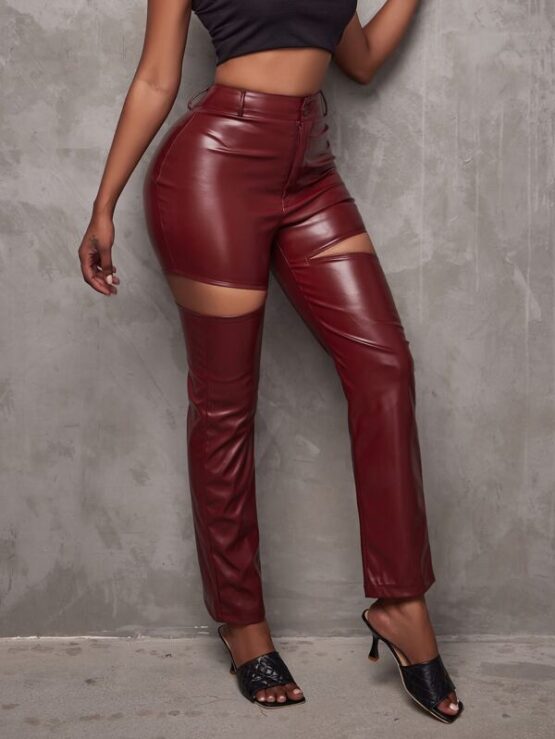 Cut Out High Waist PU Leather Pants - Image 5
