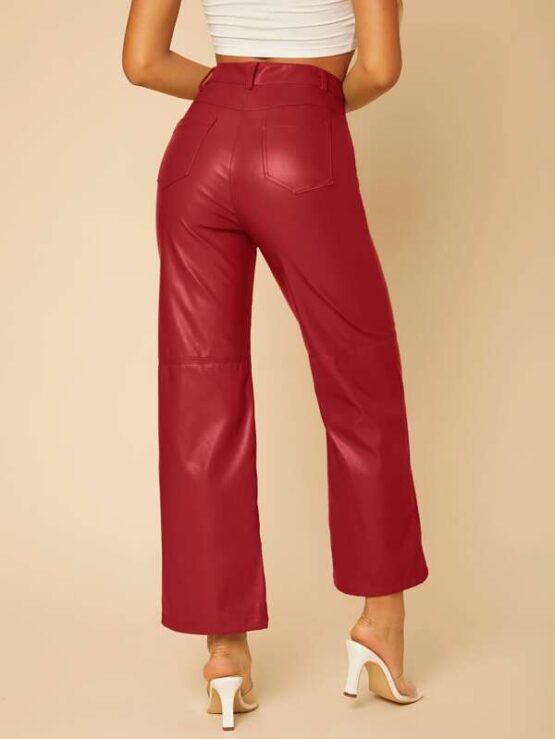 Solid High Waist Straight Leg PU Leather Pants - Image 11