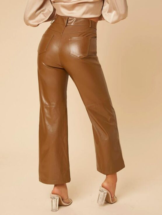 Solid High Waist Straight Leg PU Leather Pants - Image 8