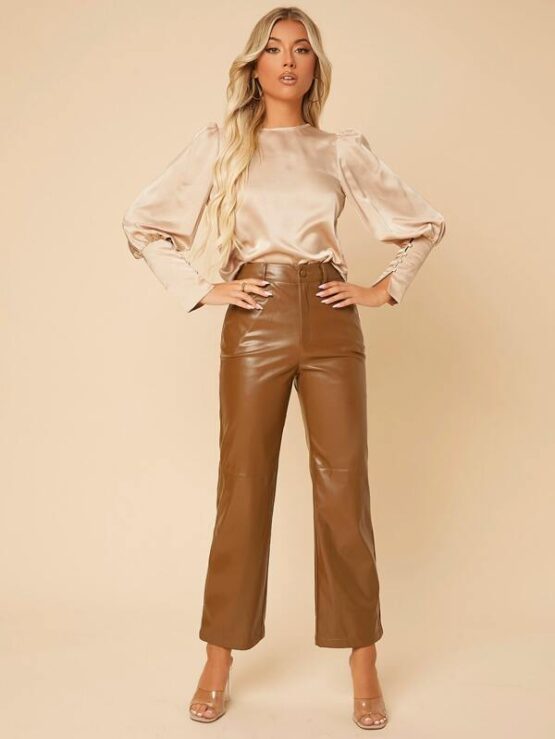 Solid High Waist Straight Leg PU Leather Pants - Image 9