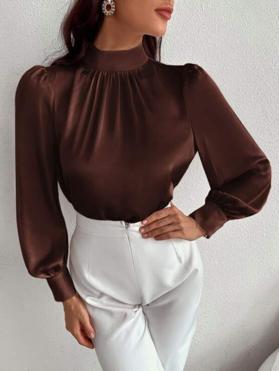 Satin Mock Neck Puff Sleeve Blouse - Image 10