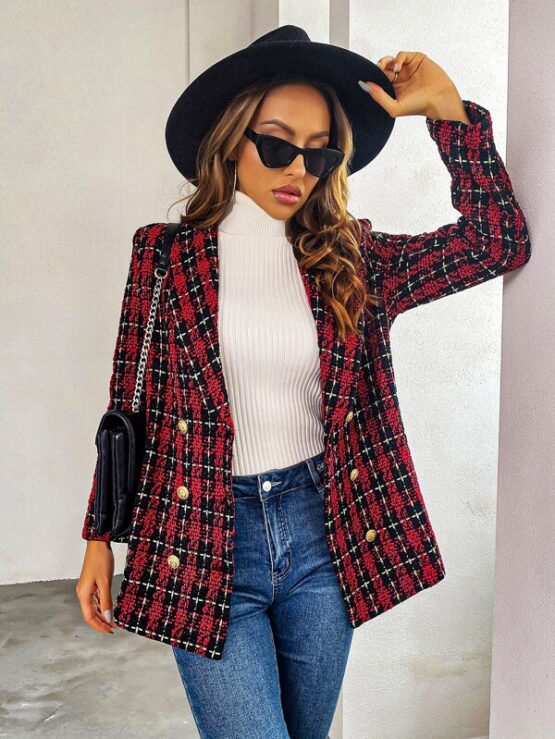 Plaid Double Breasted Shawl Collar Overcoat