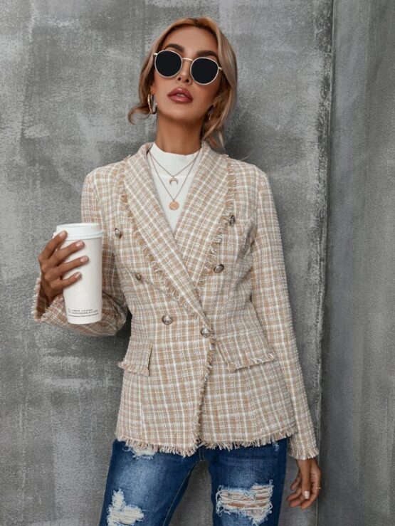 Plaid Pattern Shawl Collar Raw Trim Flap Detail Tweed Coat - Image 4