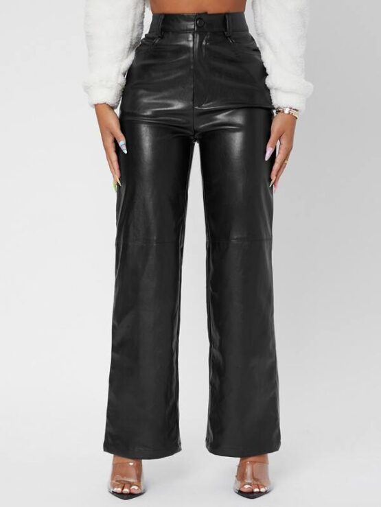 Solid High Waist Straight Leg PU Leather Pants