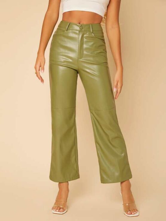 Solid High Waist Straight Leg PU Leather Pants - Image 7