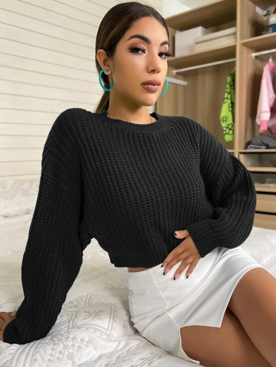 Solid Ribbed Knit Drop Shoulder Sweater - Image 10