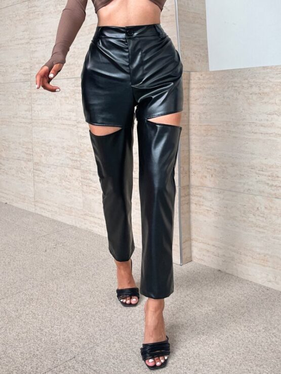 Cut Out High Waist PU Leather Pants