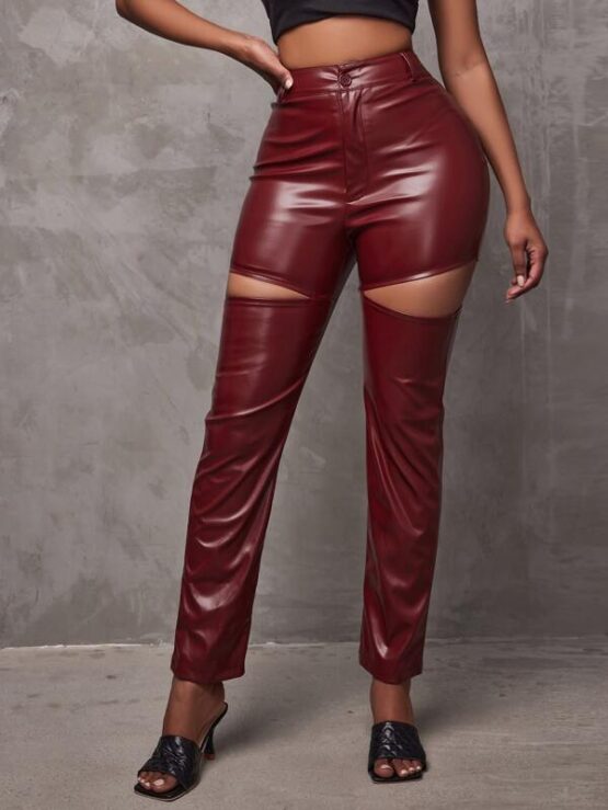 Cut Out High Waist PU Leather Pants - Image 7