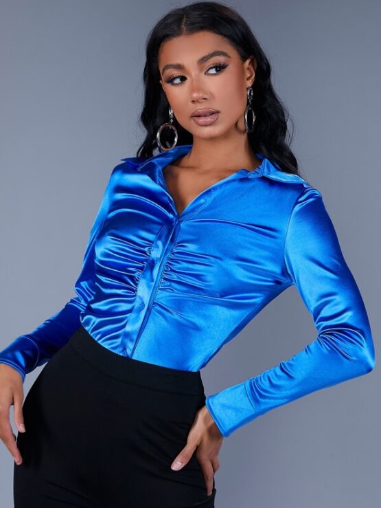 Button Front Ruched Satin Blouse - Image 4