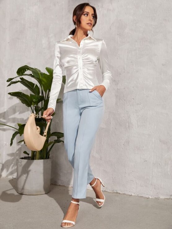 Button Front Ruched Satin Blouse - Image 7