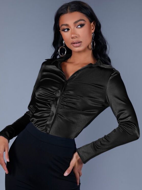 Button Front Ruched Satin Blouse - Image 10