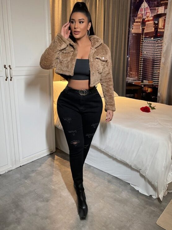 Flap Pocket Teddy Crop Jacket - Image 4