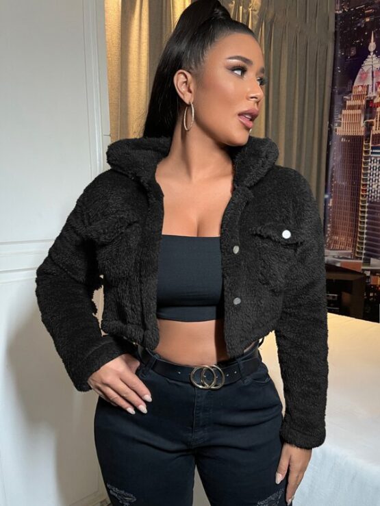 Flap Pocket Teddy Crop Jacket - Image 7