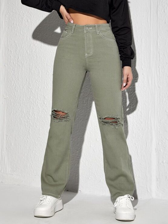 High Waist Straight Leg Ripped Jeans - Image 7