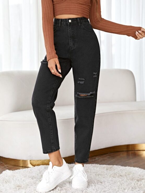 High Waist Ripped Mom Fit Jeans - Image 4