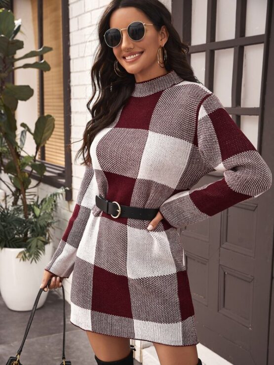 Mock Neck Gingham Sweater Dress Without Belt - Image 4