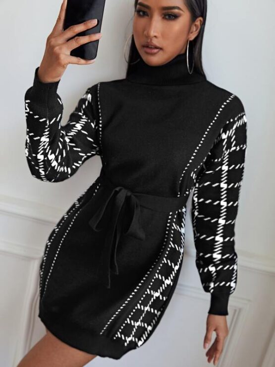 High Neck Plaid Pattern Belted Sweater Dress