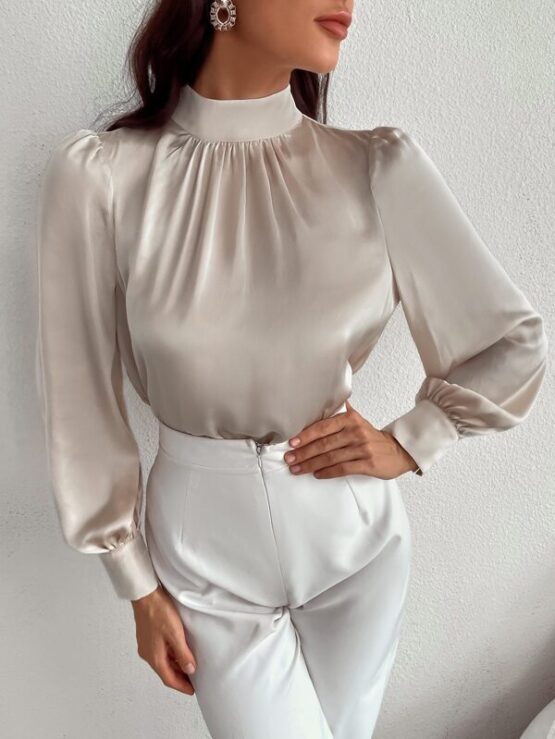 Satin Mock Neck Puff Sleeve Blouse