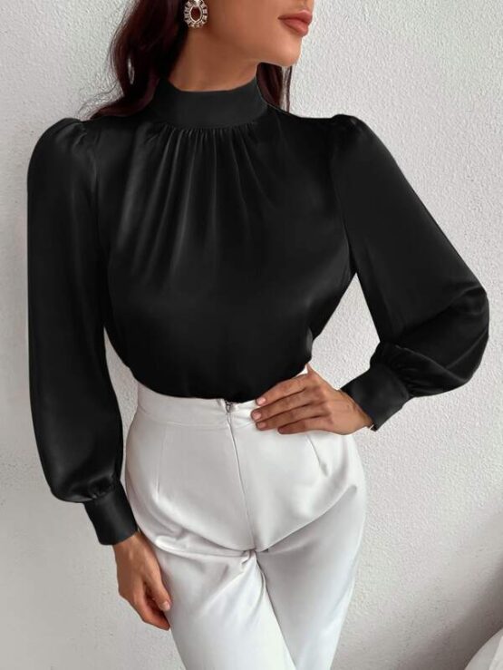 Satin Mock Neck Puff Sleeve Blouse - Image 7