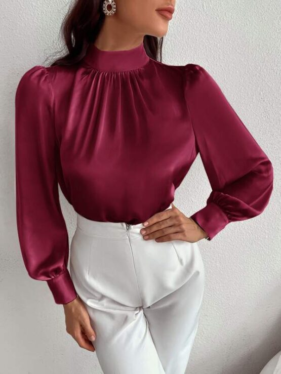 Satin Mock Neck Puff Sleeve Blouse - Image 16