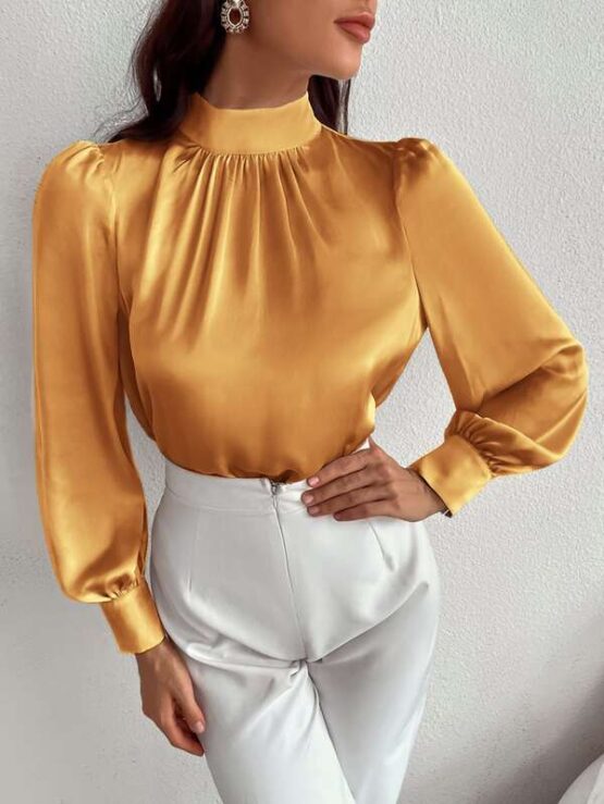 Satin Mock Neck Puff Sleeve Blouse - Image 19