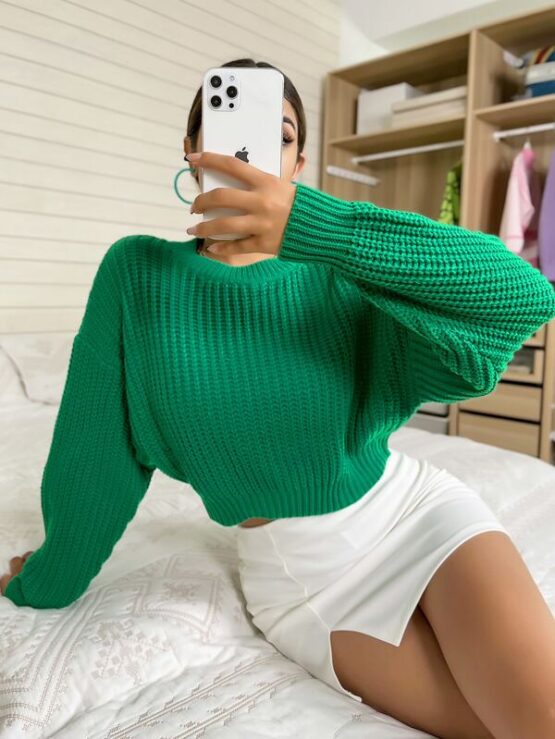 Solid Ribbed Knit Drop Shoulder Sweater