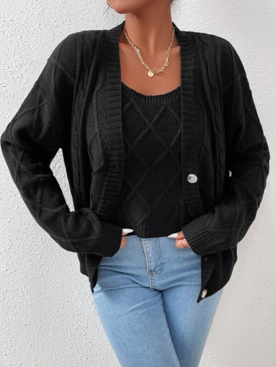 Argyle Knit Drop Shoulder Button Up Cardigan & Cami Knit Top - Image 4
