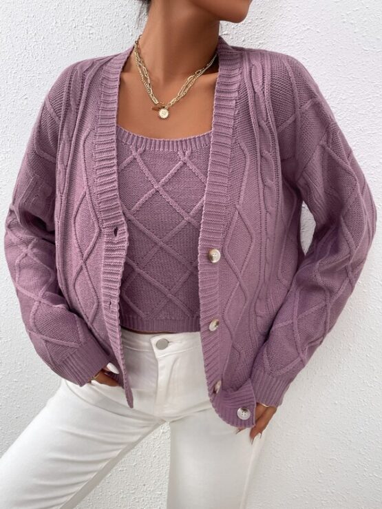 Argyle Knit Drop Shoulder Button Up Cardigan & Cami Knit Top - Image 7