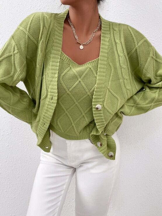 Argyle Knit Drop Shoulder Button Up Cardigan & Cami Knit Top - Image 10